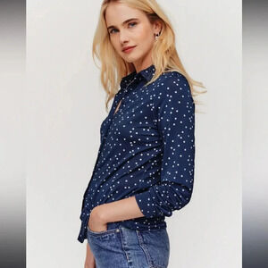 HATCH comfort button up in navy white polka dot contemporary classic maternity